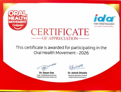 Colgate Oral Health Movement 2026 certificate of appreciation from the Indian Dental Association