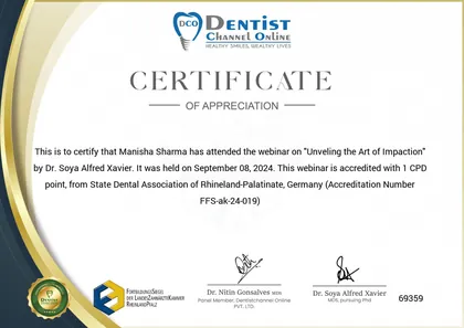 Dentist Channel Online certificate for the webinar Unveiling the Art of Impaction, September 2024, accredited with one CPD point