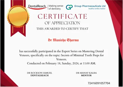 DentalReach certificate for the Mastering Dental Veneers expert series on minimal teeth preparation, February 2024