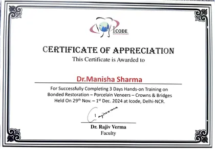 ICODE certificate for three-day hands-on training in bonded restoration, porcelain veneers, crowns and bridges, Delhi-NCR, 2024