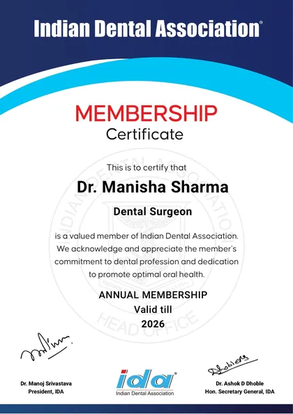 Indian Dental Association membership certificate issued to Dr. Manisha Sharma, Dental Surgeon, valid to 2026