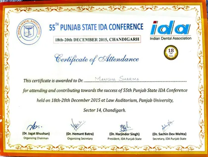 Certificate of attendance for the 55th Punjab State IDA Conference, Panjab University, Chandigarh, December 2015