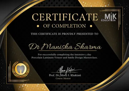 MIK Education certificate of completion for a five-day Porcelain Laminate Veneer and Smile Design Masterclass