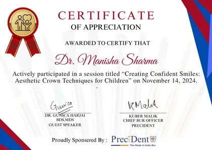 Certificate of appreciation for the session Creating Confident Smiles — Aesthetic Crown Techniques for Children, November 2024