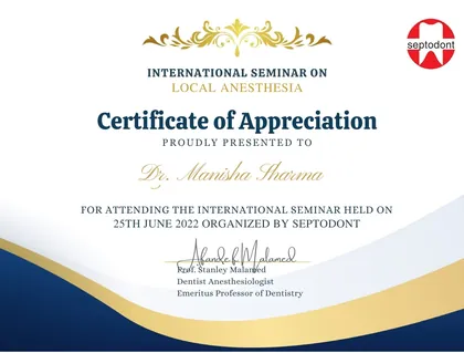 Septodont certificate of appreciation for the International Seminar on Local Anesthesia, June 2022