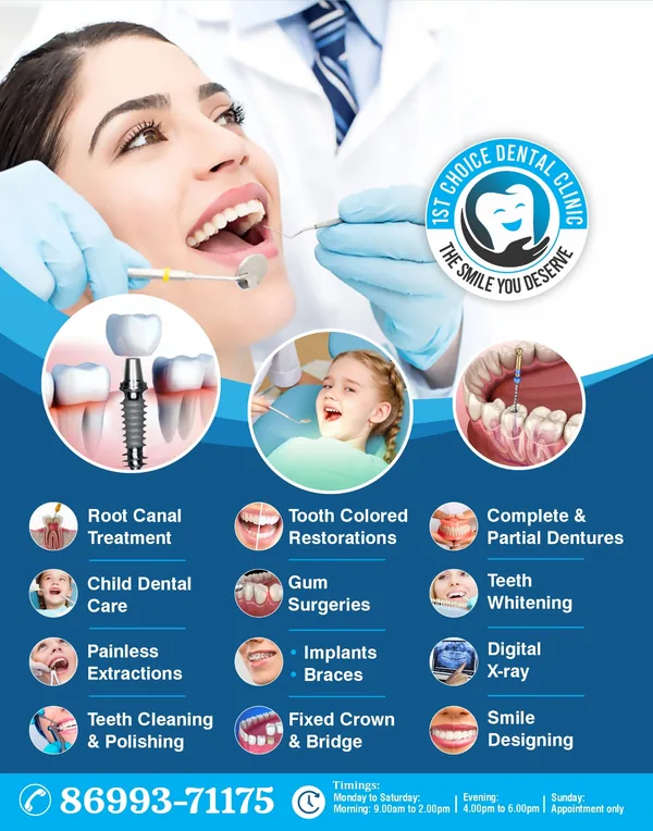 1st Choice Dental Clinic Talwara services list — root canal, implants, braces, dentures, whitening, digital X-ray