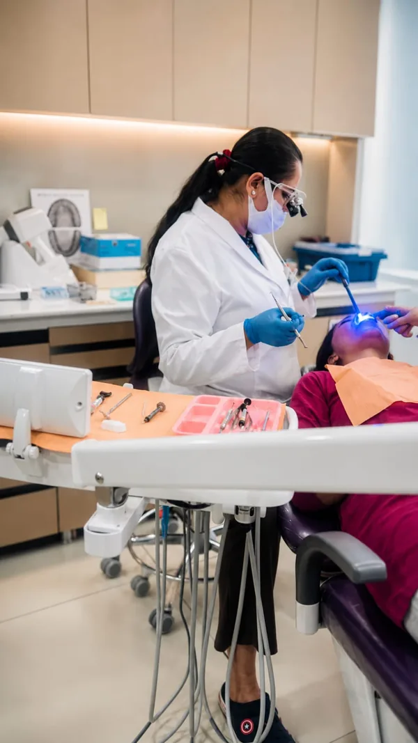 Dr. Manisha S. Nautiyal treating a patient with a curing light at 1st Choice Dental Clinic, Talwara