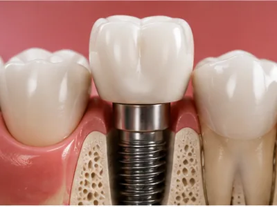 Dental implant post placed in the jawbone with a crown on top